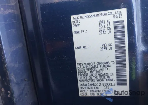 2012 Nissan Altima 2.5 S z USA, uszkodzony, nr VIN 1N4AL2AP6CC242013